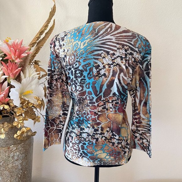 Y2K Asymmetrical Zebra & Cheetah Print Flowy V-Neck Top Brown Blue - Picture 3 of 11